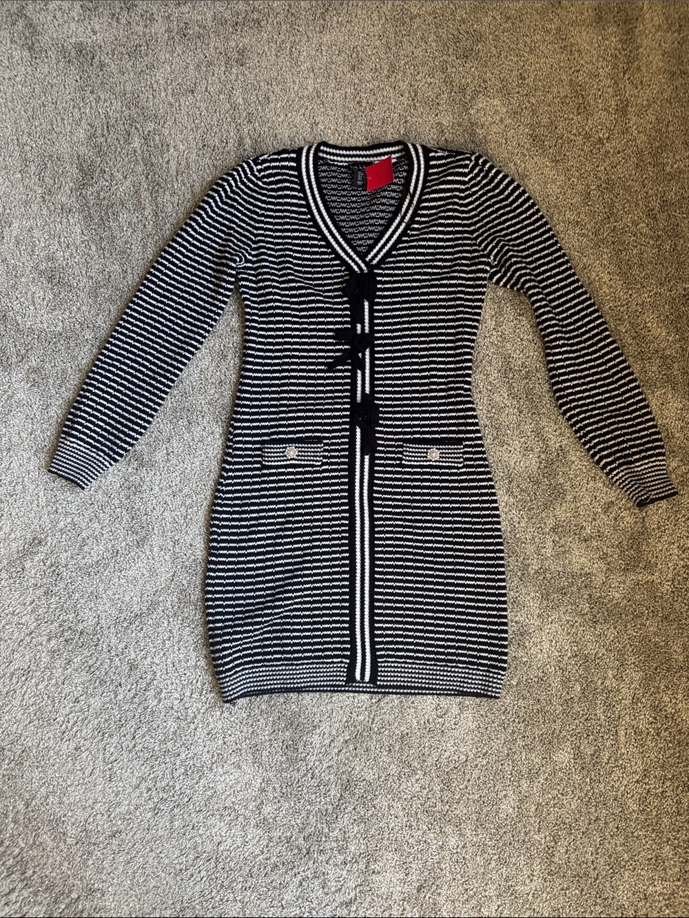 Nicole Miller Black and White Striped Knit Midi Dress